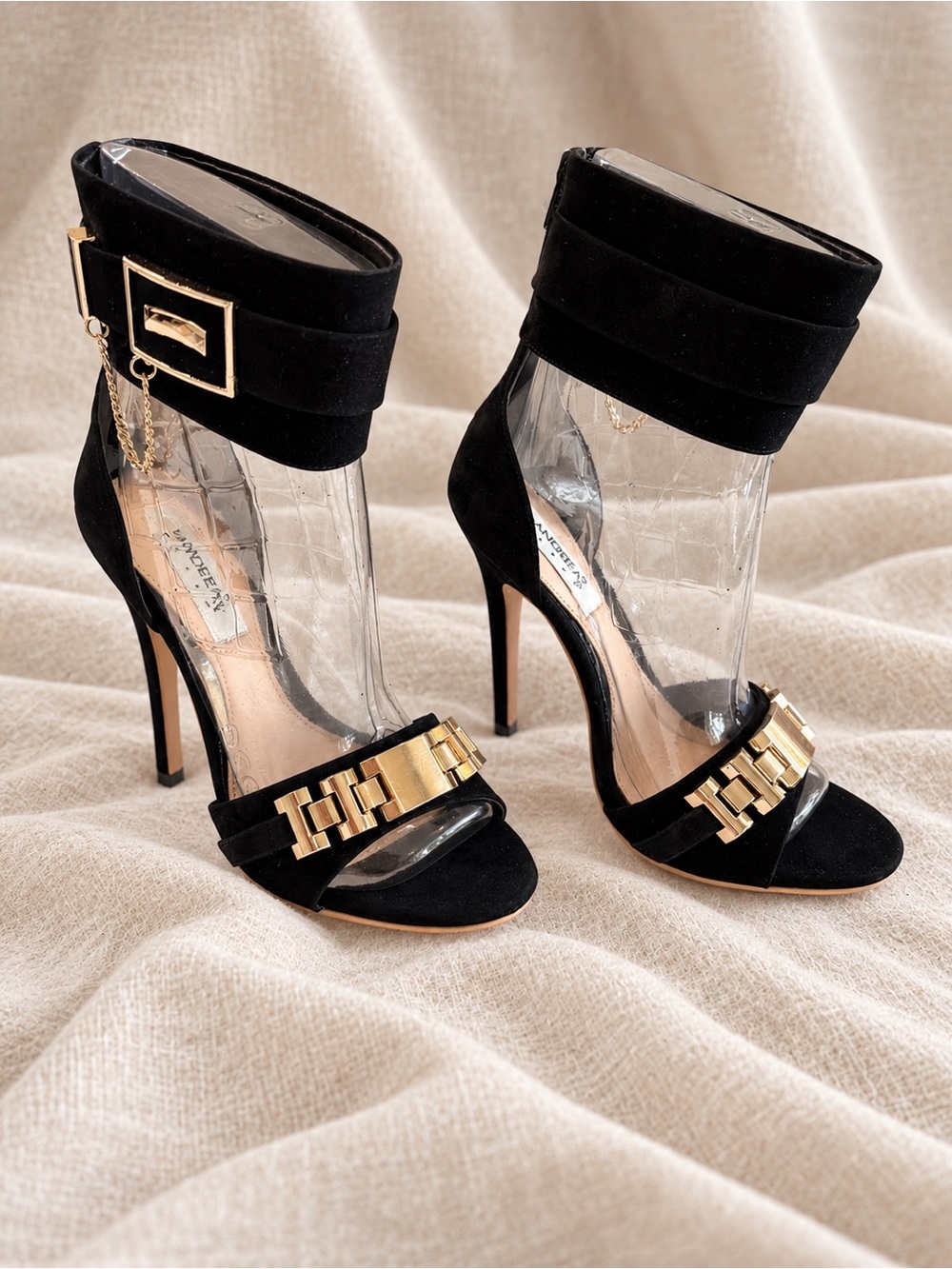 ANDREA Black Suede Ankle-Strap Stiletto Sandals with Gold Hardware